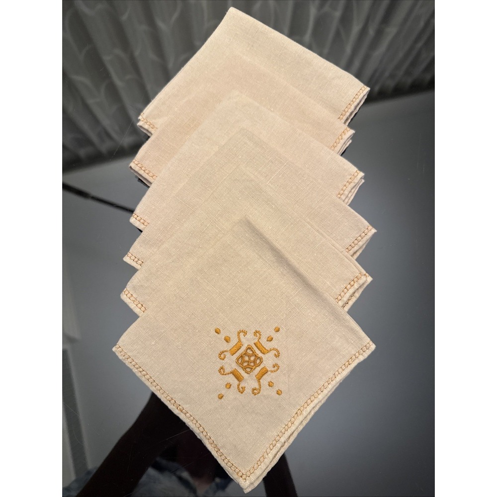 Set Of 6 Napkins Natural Beige‎ Orange Embroidered  Edges Blend Linen Fabric 10"